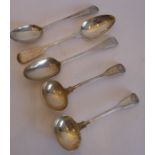 Three hallmarked silver 19th century serving spoons together with a pair of double struck fiddle