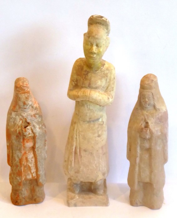 Three tomb figure attendants, possibly Tang or later, aging
