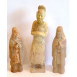 Three tomb figure attendants, possibly Tang or later, aging