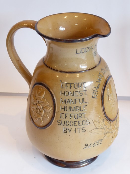 A late 19th century commemorative Doulton Lambeth stoneware jug, 'Leeds Election 1880'; the arms