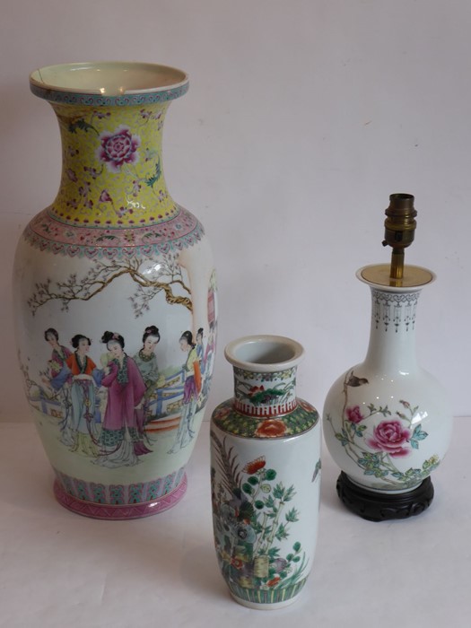 Three Chinese porcelain vases, 20th century, one of rouleau form painted in a famille-verte