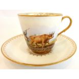 A 19th century porcelain cup and saucer, finely painted with a ploughing scene with oxen, marked