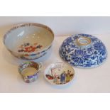 A Chinese porcelain group to include an 18th century bowl (damaged and repaired), a underglaze