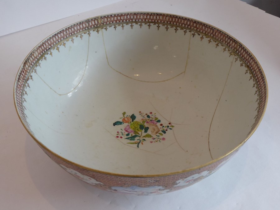 A Chinese porcelain export punch bowl hand-gilded and decorated in famille-rose enamels with figures - Image 2 of 3