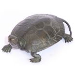 A late 19th century patinated bronze sculpture model of a tortoise, his neck and head looking