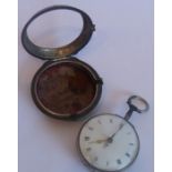 A George III period silver pair cased pocket watch, convex glass over a white enamel dial with Roman