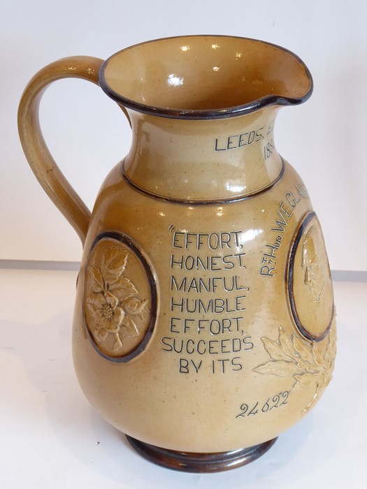 A late 19th century commemorative Doulton Lambeth stoneware jug, 'Leeds Election 1880'; the arms - Image 4 of 5