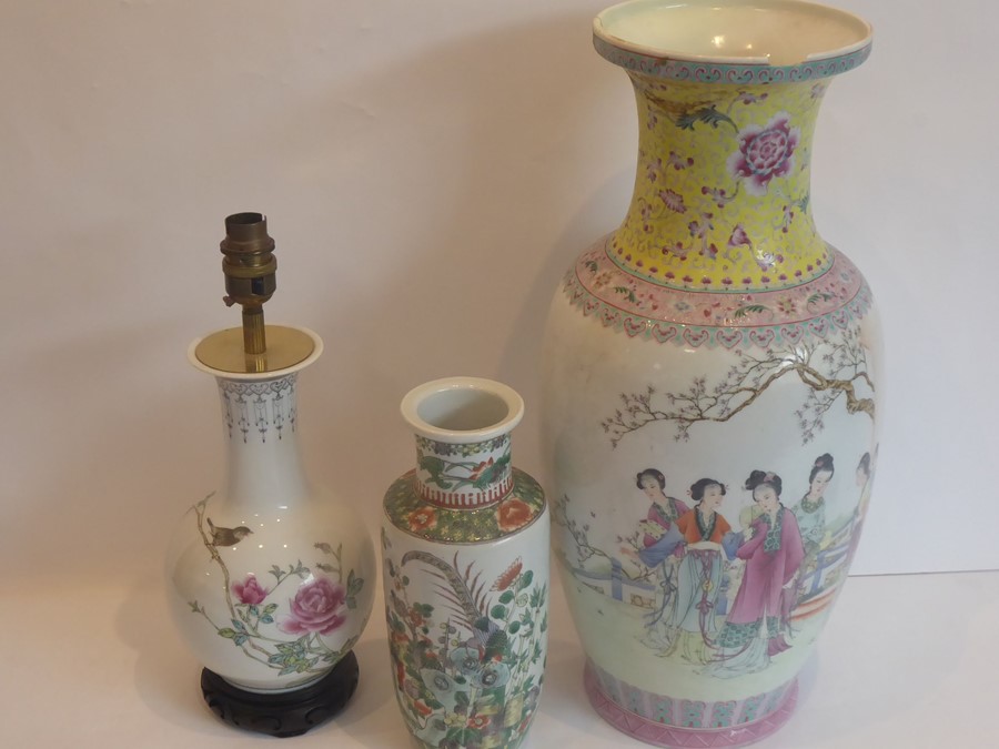 Three Chinese porcelain vases, 20th century, one of rouleau form painted in a famille-verte - Image 2 of 8