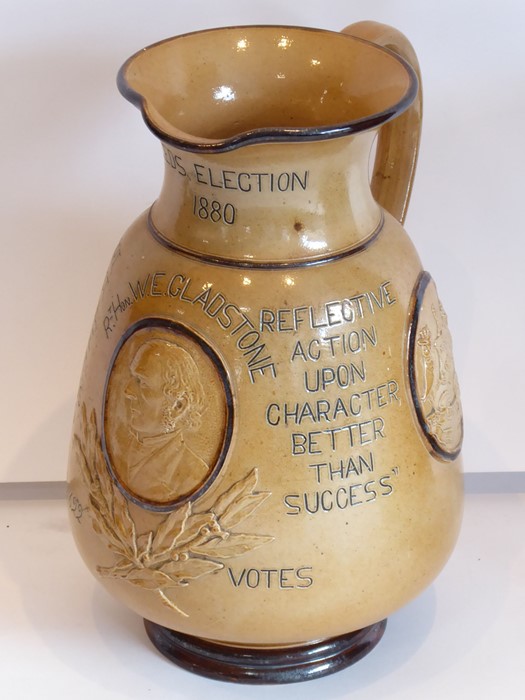 A late 19th century commemorative Doulton Lambeth stoneware jug, 'Leeds Election 1880'; the arms - Image 3 of 5