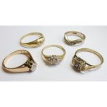 Five 9-carat gold and diamond rings (total weight approx 10.3g)