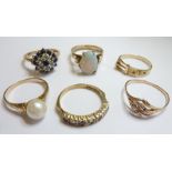 Six 9-carat gold stone-set rings