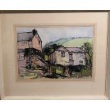 Margaret Morcom, a watercolour titled, Porth Farm, signed, label verso, 26.5cm x 52.5cm, framed