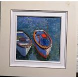 A. Tozer, oil on board of two moored boats, signed, 26.6cm x 26.5cm, framed