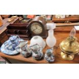 Mahogany letter rack, together with a mantel clock, an oil lamp, a small quantity of Spode, and
