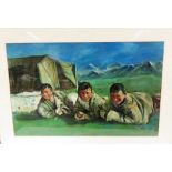Oil on board of three Tibetan boys lying in a field with mountains in the background