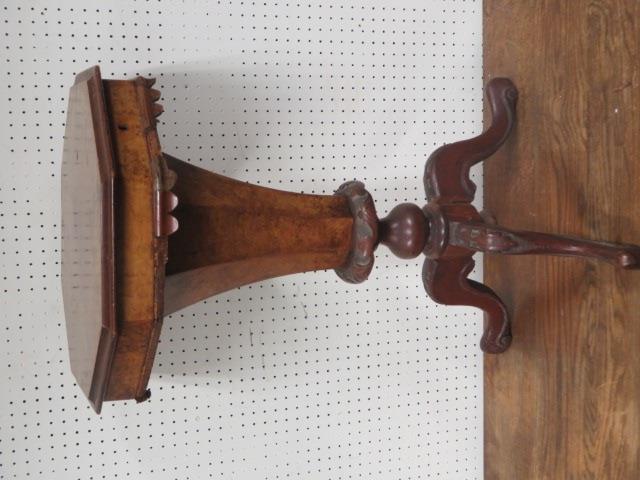 Walnut veneered octagonal sewing box on tripod supports with contents