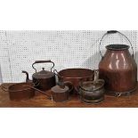 Six items of copper wares to include a tea pot, watering can etc (6)