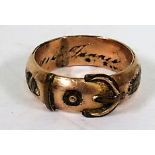 A marked 18ct rose gold belt/buckle ring with an inscription to inner band, ring size M, weight 4.