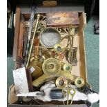 Two pairs of brass candlesticks together with other metalware