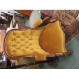 Mahogany button back armchair in yellow upholstery