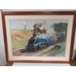 In the manner of Terence Cuneo, a print of an LNER Mallard steam train passing under a bridge titled