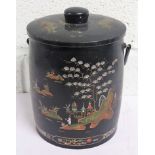 Oriental lacquered ice bucket with river scene decoration of figures to include a fisherman, another