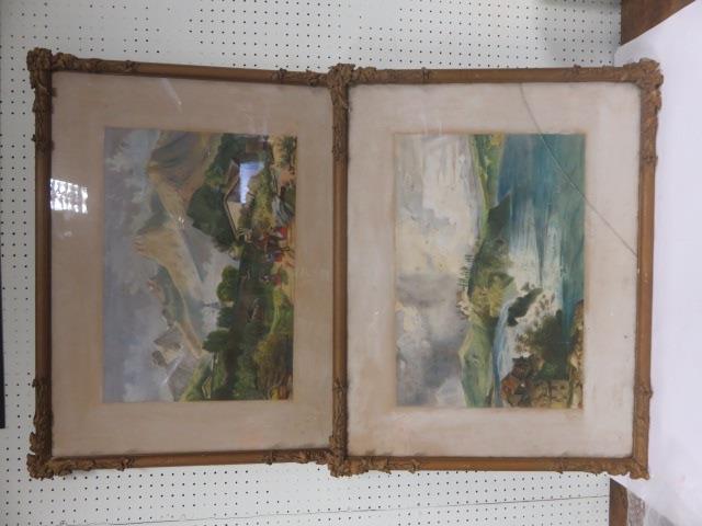 Two unsigned watercolours, possibly by the same hand, the first of a mountainous landscape scene,