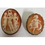 A 9ct gold cameo brooch of Diana the Huntress, together with a cameo brooch of the Three Graces with