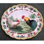 Hand painted metal plated decorated with two hens in a landscape setting, 56cm diameter