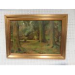 Oil on canvas of a woodland scene, artists signature indistinct, 39cm x 60cm