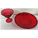 Cranberry glass bow, diameter 33cm, together with a cranberry glass jug