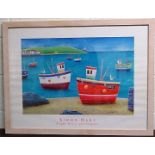 Simon Hart print titled, 'Bright Boats and Seagulls', unsigned, 58cm x 78.5cm, frame