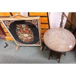 Tapestry fire screen with a benares table