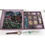 A jewellery box containing vintage and new necklaces, brooches to included banded agate, amethyst