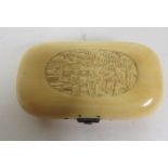 19th century Chinese ivory purse shaped box with cartouche panels lightly carved with figures and