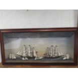 Victorian ship diorama with five sailing ships, in glazed fronted cabinet