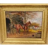 Oil on board of a hunting scene, unsigned, 25cm x 34.5cm, in gilt frame