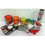 Small collection of tin plate toys and items to include a police car and an aeroplane