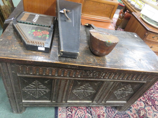 Late 18th/early 19th century oak and elm coffer with three carved panels to the front, 72cm x - Image 2 of 2