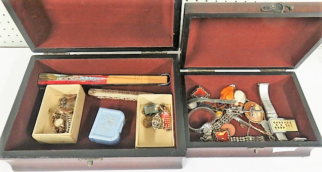 Two wooden boxes containing a collection of costume jewellery and watches, to include a rose gold