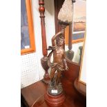 Spelter figure candelabra on a wooden base, converted to electricity