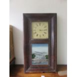 Wall clock with Roman Numeral dial, with a glass picture underneath of the Crystal Palace Exhibition