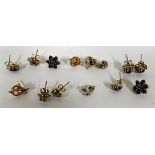 Seven matched pairs of 9ct gold earrings/studs to include two pairs of sapphire and diamond, another