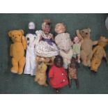 Six dolls, together with three plush teddy bears (all three a/f)