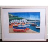 Simon Hart print of boats moored in a beach setting, signed in pencil, 41cm x 60cm, framed