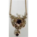 A Victorian marked 9ct gold amethyst and seed pearl openwork necklace, weight 4.7g