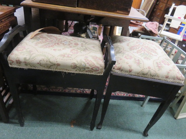 Piano stool with lift up seat, together with a stool, both with matching upholstered seats