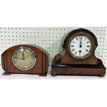 Oak domed single fusee mantel clock with Roman Numeral dial together an 8 day mantel clock (2)