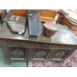 Late 18th/early 19th century oak and elm coffer with three carved panels to the front, 72cm x