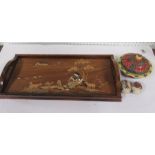 Oriental style inlaid tray, together with an oriental dish with lid and character to mark to base,